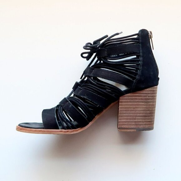 Vince Camuto Black Suede Leather Strappy Cutout Block Heel Sandals Bootie Shoes - Picture 9 of 15